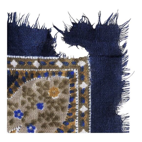 Vintage 1950’s - 1960’s Navy Taupe Ivory Paisley Floral Print Scarf Preowned - Picture 9 of 15